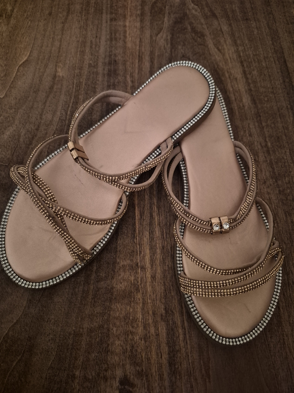 SHEIN Champagne Gold Rhinestone Strap Slide Sandals